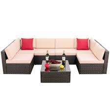 Walnew 7 Pieces Patio Conversation Sets Outdoor Sectional Sofa Set Pe Wicker Rattan Sectional Seating Group With Cushions And Glass Table Beige Walmart Com In 2020 Outdoor Sectional Sofa Outdoor Patio Furniture