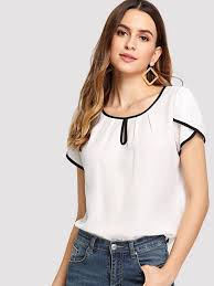 Keyhole Neck Tulip Sleeve Contrast Binding Top Work Wear Women Tulip Sleeve Women Shirts Blouse