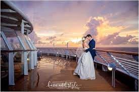 Disney Dream Cruise Ship Wedding Photo Of The Bride And Groom On The Deck At Sunset Disneydre Cruise Ship Wedding Disney Dream Cruise Disney Cruise Wedding