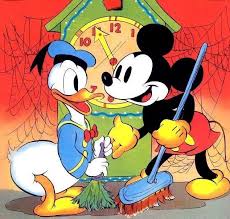 mickey donald working together to do some clock cleaning etichette d epoca etichette