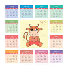 Chinese calendar 2021 is year of the ox from february 12, 2021 to january 31, 2022. Calendar 2021 Ox Symbol Of The New Year Vector Design Template Chinese Horoscope Colorful English Square Pocket Calender Week Stock Vector Illustration Of Planning Bull 174321692