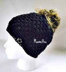 Handmade Messy Bun Hat Basic Black Beanie Wood Button Pony Tail Holder Messy Bun Hat Messy Bun Beanie Bun Hat