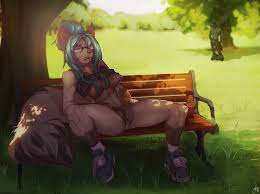 2014 animal ears animal tail anthro bench bottomless breasts  brown fur cat ears cat tail catgirl duo eyewear fatima (hfl) feline female  fingering glasses green eyes green hair hair