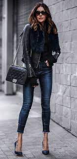 Amazing Spring Outfits Black Leather Jacket Navy Skinny Jeans Navy Pumps Black Quilted Shoulder Bag Chic Winter Outfits Stylish Winter Outfits Fashion