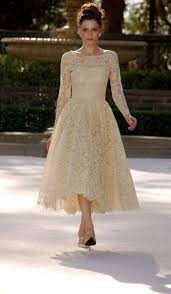 2015 Champagne Lace Illusion Sleeves Tea Length Wedding Dresses Cheap A Line Boat Lace Tea Length Dress Vintage Bridal Fashion Tea Length Wedding Dress Vintage