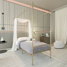 Hanging curtains on the canopy rails softens the look of the bed, creates a private bed chamber look, and adds an opportunity to display different color combinations in the room. Teraves Metal Four Poster Canopy Platform Bed Frame Overstock 30031806