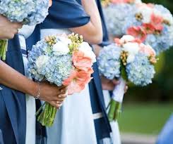 Bouquet Peach Periwinkle Hydrangeas Wedding Blue Coral Weddings Coral Wedding