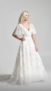 Flutter Sleeve A Line Wedding Dress Asymmetrical Wedding Dress Wedding Dresses A Line Wedding Dress