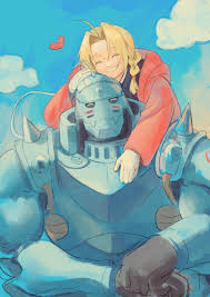 sabertoon artt, alphonse elric, edward elric, fullmetal alchemist,  commentary, english commentary, highres, 2boys, ahoge, armor, black shirt,  blonde hair, blue sky, blush, braid, braided ponytail, brothers, closed  eyes, cloud, coat, day, full