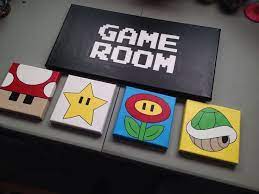 Nintendo Game Room Custom Designed And Hand Painted Multi Canvas Art Super Mario Themed Created By Lessthanth Game Room Design Video Game Rooms Gamer Room Diy