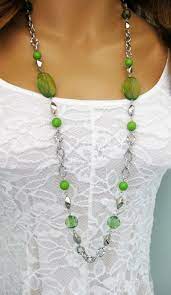 Long Green Beaded Necklaces Beaded Necklaces Long Silver Necklace Silver Jewelry Green Beaded Necklaces Long Chunky Necklaces Green Beaded Necklace Beaded Necklace Long Silver Necklace
