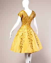 Vintage 1950s 50s Gold Yellow Hand Beaded Couture Silk Cocktail Dress 1stdibs Com Silk Cocktail Dress Evening Dresses Vintage Dresses