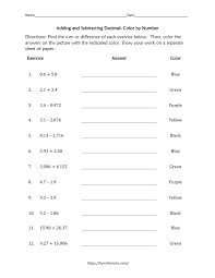 ● add the numbers from right as we carry addition usually. Adding And Subtracting Decimals Color By Number Funrithmetic
