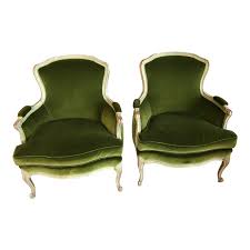 Pair Of Vintage Hand Painted Green Velvet French Bergere Chairs Restoration Hardware Dining Chairs Vintage Chairs Green Leather Chair
