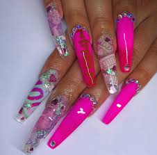 Hot pink black white silver nails sculptured acrylic with neon pink. Nails Hot Pink And Acrylic Image 6855438 On Favim Com