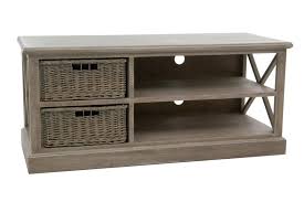Meuble Tv Bois Naturel Patine Grise Blanchi Avec 2 Paniers Amovibles L120xp49 5xh51cm Paolia Mobilier De Salon Meuble Tv Bois Meuble