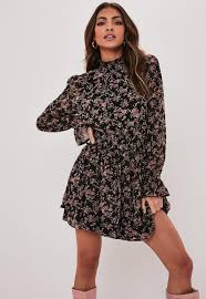 Women's wrap v neck floral print high low hem short sleeve beach party maxi dress. Black Floral High Neck Shirred Mini Dress Missguided