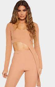 Missguided long sleeve crop top with buttons in brown. Tall Camel Ribbed Asymmetric Long Sleeve Crop Top From Prettylittlething On 21 Buttons