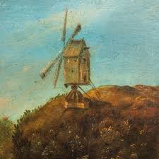 Aucune signature trouvée, un paysage ancien d'un moulin à vent avec des figurines, huile sur panneau. Fin du 17ème, début du 18ème siècle. (35 x 30 cm)