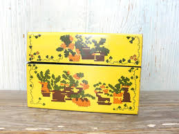 Vintage Tin Recipe Box With Old Fashioned Needlepoint Look Design In Retro Yellow Green Orange And Brown Retro Recipe Box Tin Recipe Box Vintage Tin