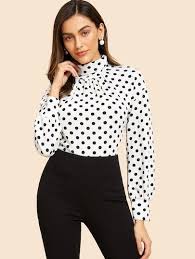 Black And White Polka Dot Shirt Womens High Neck Polka Dot Tee Polka Dot Tees Work Wear Women Long Sleeve Pullover