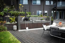 Modern Summer Kitchen With Stone Hearth And Wooden Paved Decks 4 Expert Tips On Designing Small Outdoor Kitchens Modern Outdoor Kitchen Outdoor Kitchen Design