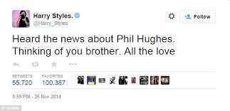 Maybe you would like to learn more about one of these? Harry Styles Shares Twitter Message Of Support To Phil Hughes Daily Mail Online