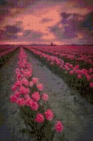 Spring Tulips At Sunset Landscape Cross Stitch Pattern Pdf