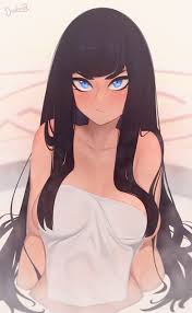 darahan, kiryuuin satsuki, kill la kill, commentary, english commentary,  1girl, black hair, blue eyes, blunt bangs, blush, breasts, closed mouth,  collarbone, covering privates, frown, large breasts, long hair, looking at  viewer, nude