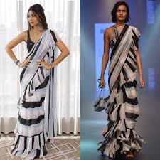 Black And White Striped Saree Blouse Get The Look Theshilpashetty Looks Ethereal In Arpitamehtaofficial Blatck White Striped Saree To Shop Visit Www Saree Look Trendy Sarees Stylish Sarees
