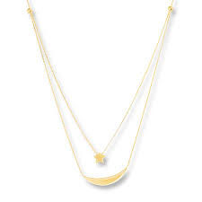 This Celestial Layered Necklace For Her Features A Crescent Moon And A Star Swaying From A Fashionable Double Chain Styled In 14k Yellow Fashion Necklace Stars Moon Gold