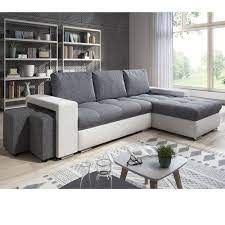 En accolant le pouf face à l'assise principale du canapé, vous aurez une surface de couchage 148 x 170 cm. Canape Angle Convertible Simon Blanc Gris 2 Poufs Rakuten