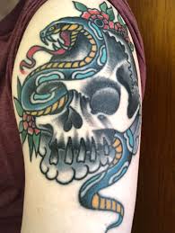 Check spelling or type a new query. First Piece On My American Traditional Half Sleeve A Skull And Snake With Flowers Done By Heath Rave At Family Tattoo In Chicago Il Tattoos