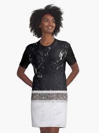 Black And White Marble Silver Glitter Stripe Glam 1 Minimal Decor Art Graphic T Shirt Dress By Anitabellajantz Black And White Marble T Shirt Dress Black Glitter