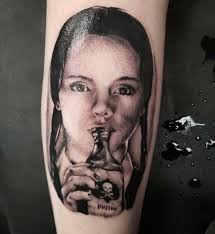 Wednesday Addams Grey-scale Portrait by Chad Rowe-Under Dogs (New Castle  IN) : r/tattoos