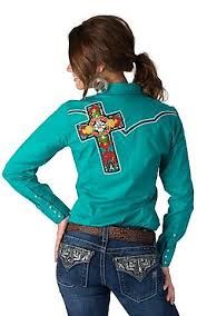Ariat Women S Rosario Turquoise With Embroidered Cantina Bonita Cross Long Sleeve Western Shirt Cavender S Rodeo Shirts Western Shirts Rodeo Outfits
