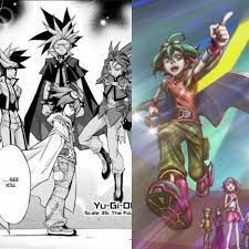 The ARC-V anime starts with the Yu-Boys separating then ends with them  Combined together. The ARC-V manga starts with the Yu-Boys Combined  Together then ends with them separating : ryugioh