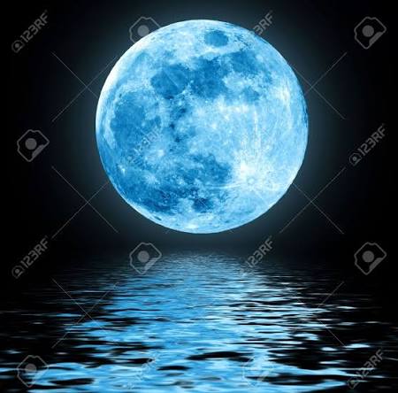 Full Blue Moon Over Water With Reflections Stock Photo, Picture and Royalty  Free Image. Image 11772372.