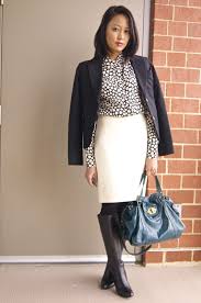 Black And White Skirt Outfit Black White Print Blouse Black Blazer Cream Skirt Black Tights Black Boots Classy Skirt Outfits Cream Skirt Outfit White Skirt Winter