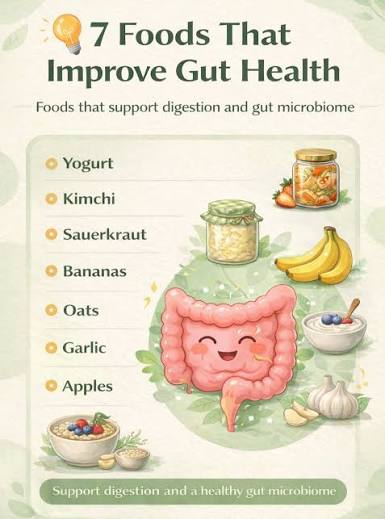 7 foods that may help improve gut health 🌱 If you're focused on better  digestion and overall wellness, these foods are a great place to start.  From probiotic-rich picks like yogurt and