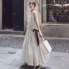 homefashionwe ノースリーブマキシ丈ギャザー丸ネックレディースファッションプルオーバー大人ストライプ柄大振り子ワンピース 24201816 人気 特集 homefashionwe com gaun perempuan model pakaian gaya model pakaian