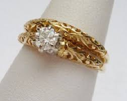 Vintage 1970 S Wedding Ring Sets 14kt Filigree 25 Pt Diamond Wedding Set 1970s Diamond Wedding Sets Wedding Rings Vintage Vintage Engagement Wedding Rings