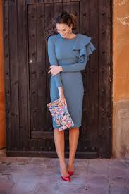 Stylish Dress Pencil Dress Round Neck Short Knee Length In Plain Blue Long Sleeve A Frilled Material Daily Fashion Outfits Outfits Vestidos Stylish Dresses