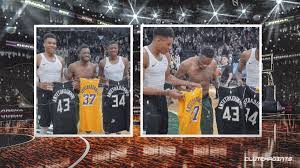 After having one of the most successful rookie years in the nba, giannis antetokounmpo soared to unimaginable heights. Nba Video Antetokounmpo Siblings Giannis Thanasis Kostas Swaps Jerseys After Bucks Lakers Game