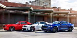 These cars range from fast to crazy fast, so safety all of these muscle cars have high performance variants such as the chevy camaro zl1 with 640 horsepower, dodge challenger hellcat with 707 horsepower, and. 2015 Ford Mustang Gt Vs Chevrolet Camaro Ss 1le Dodge Challenger R T Scat Pack 8211 Comparison Test 8211 Car And Driver