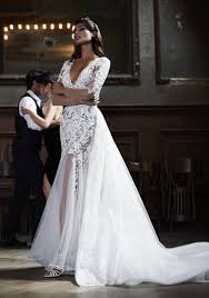 Lace V Neck Fit And Flare Wedding Dress With Sheer Skirt Maison Signore Style Fedra Sheer Wedding Dress Simple Bridal Gowns Fit And Flare Wedding Dress