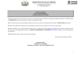 EDITAL N.º 012020 EDITAL DE ENSALAMENTO CONCURSO PÚBLICO N.º 012020 O  Prefeito do Município de Paula Freitas, no uso de su