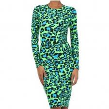 Green Blue Leopard Print Midi Dress Animalprint Bodycon Partydress Dresses Long Sleeve Midi Dress Printed Midi Dress