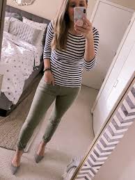 Ootd 1 17 19 Navy Striped Top And Olive Pants Visions Of Vogue Office Casual Outfit Navy Stripe Top Outfit Office Outfits