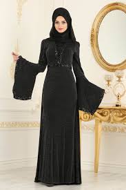 Pul Detayli Volan Kol Simli Siyah Tesettur Abiye Elbise 3704s With Images Evening Dresses